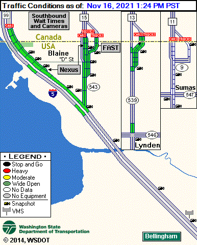 Wait times and Traffic Conditions at the 4 northwest border crossings between the US and Canada. Peace Arch, Blaine, Lynden and Sumas. Border Crossings.